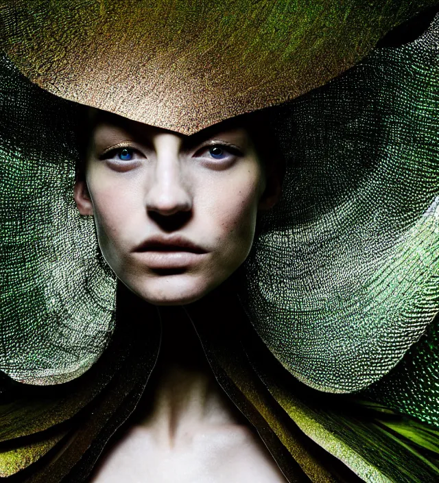 Image similar to photography face portrait of one female fashion model in rainforest, wearing one organic futurist cape designed by iris van herpen,, photography by paolo roversi nick knight, helmut newton, avedon, and araki, sky forest background, natural pose, highly detailed, skin grain detail