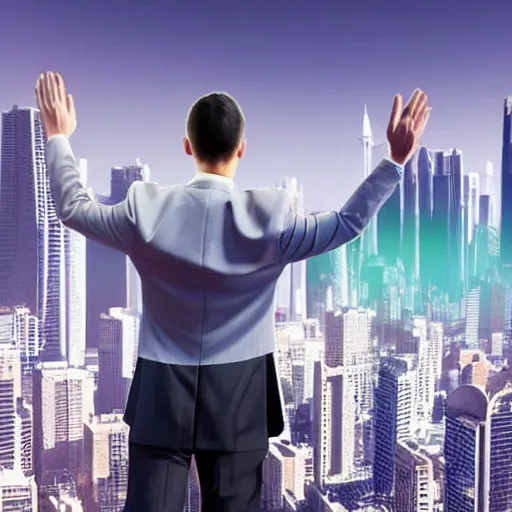 Image similar to futuristic world, highly detaield, man waving goodbye to group of people, ((cryptocurrency in background))