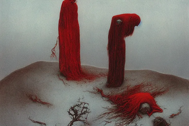 Image similar to a surrealist painting of a lonely woman with pale skin and red hair, standing over pile of bodies in post apocalyptic snowy landscape, painted by zdzisław beksinski