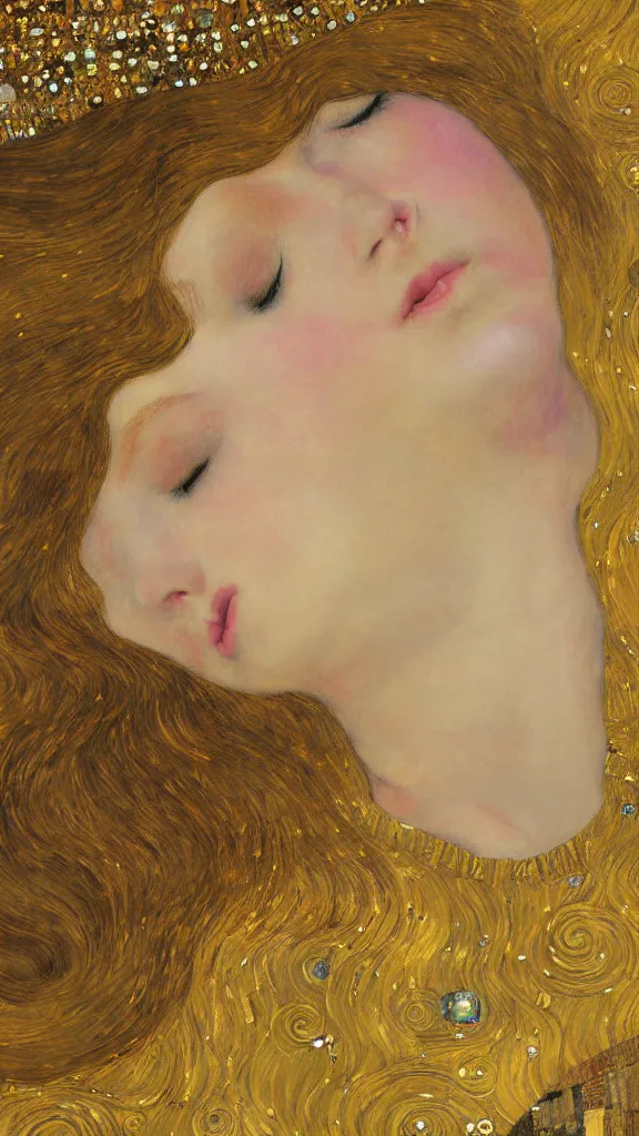 Image similar to a soft and breathtaking detailed painting of a sleeping blonde princess in the style of Gustav Klimt, , shiny gold, elegant, highly detailed, artstation, concept art, matte, sharp focus, art by Gustav Klimt