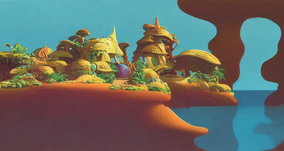 Image similar to seashell house, still life, concept art by roger dean, bill sienkiwicz and john harris, triadic color scheme