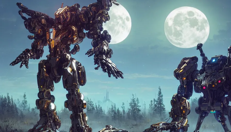 Image similar to large walking mech covered in reflective gold and silver armor, 'bubblegum crisis' and horizon zero dawn aesthetic, beautiful moon lit night, many glowing lights, beautiful forests and trees, intricate detail, epic wallpaper, art by darek zabrocki and John Park and Feng Zhu and Jason Chan, trending on artstation, masterpiece.