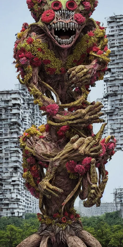 Image similar to colossal grotesque prehistoric alien predator flower made from best unfulfilled mankind projects in the middle of abandoned post soviet constructivist cityscape, Stalinist architecture, ultradetailed, Intricate by Hayao Miyazaki and Josan Gonzalez and Makoto Shinkai and Giuseppe Arcimboldo and Wes Anderson