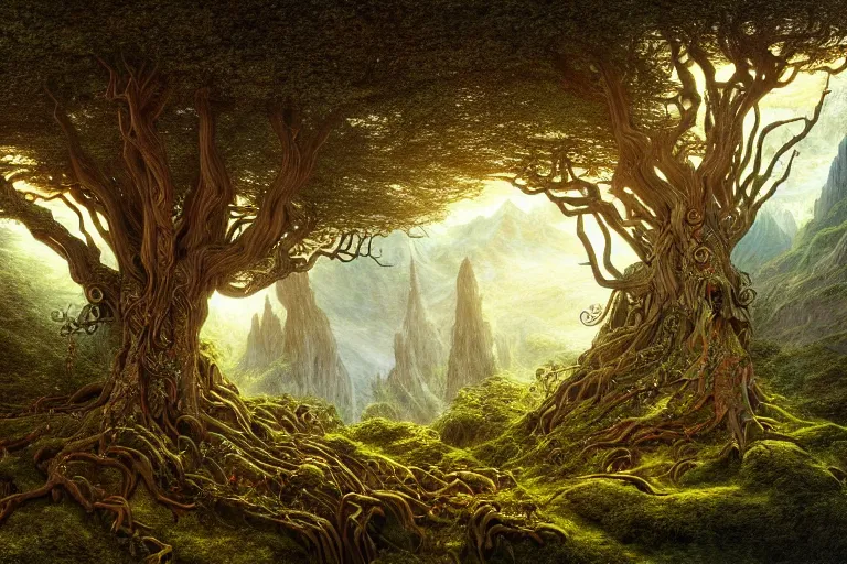 Image similar to a beautiful and highly detailed digital painting of an elven tree with celtic roots in the mystical mountains, psychedelic patterns, intricate details, epic scale, 8 k, sharp focus, photorealism, artstation, cgsociety, by caspar friedrich, albert bierstadt, james gurney, brian froud,