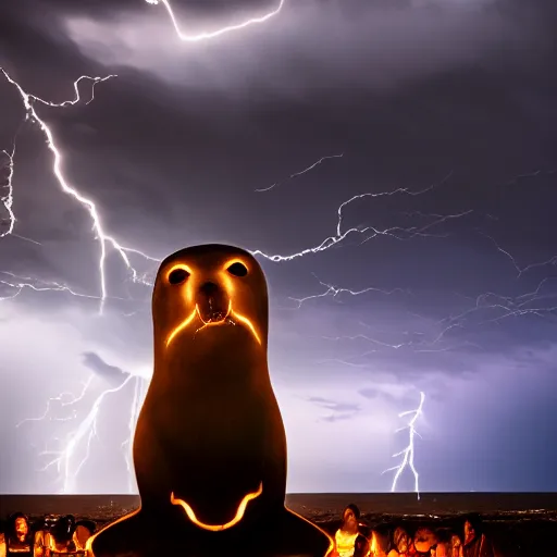 Prompt: humans praying in fear in front of a dangerous seal statue, storm clouds and lightning arcing through the sky, fire glowing and backlighting the scene, 4K photo