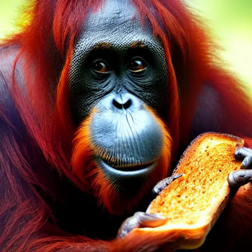 Image similar to an orangutan burnt onto a piece of toast, 4 k, hyper realistic, dslr, high resolution, landscape, beautiful