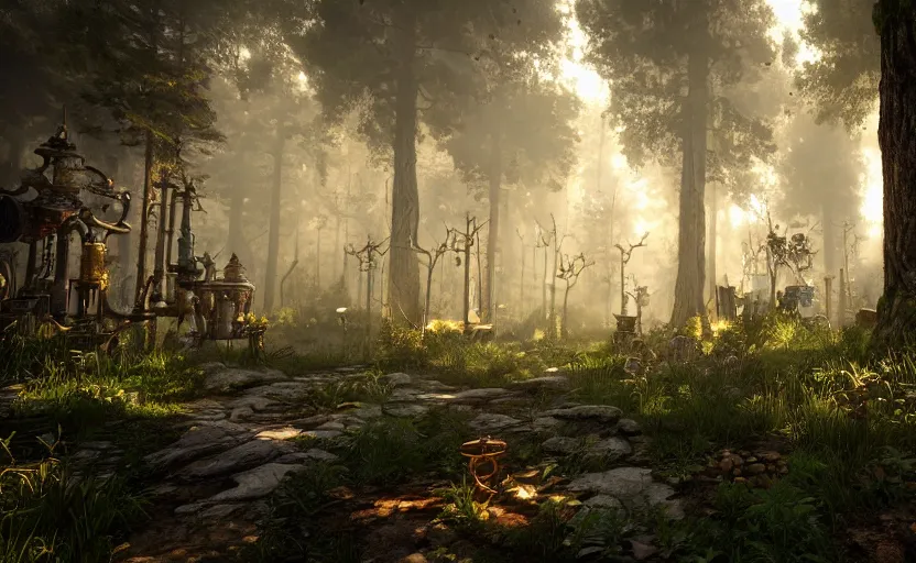 Prompt: steampunk fantasy forest. daylight. stars. unreal engine. 8K. detailed. photorealism. artstation. digital render. ultra realistic