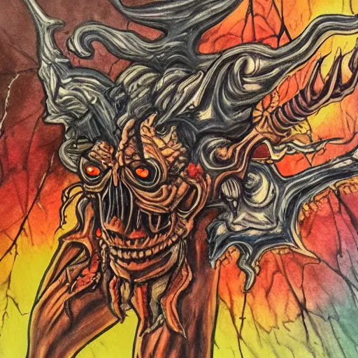 Image similar to photo of an intricately detailed representation of a accurate demon from hell . Colored oils with colored inks.