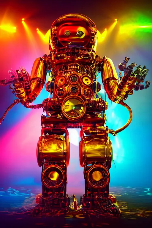 Image similar to portrait photo of a giant huge golden and blue metal humanoid steampunk robot guitar player with multicolored big gears and tubes, a red electric guitar, eyes are glowing red lightbulbs, shiny crisp finish, 3 d render, 8 k, insaneley detailed, fluorescent colors, background is multicolored lasershow