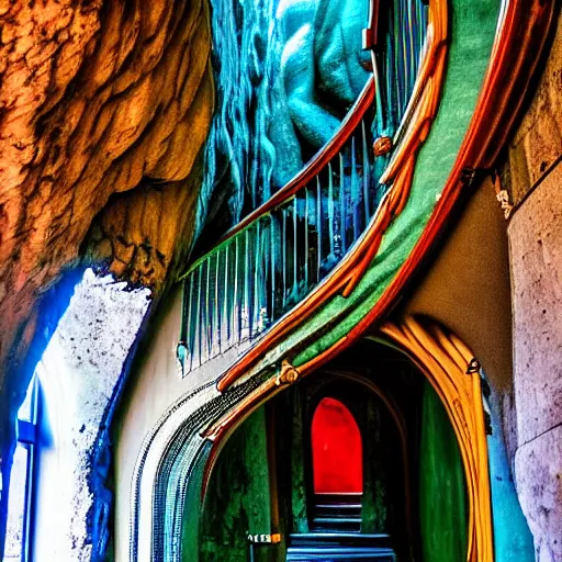 Prompt: The entrance stairway to an imposing and magnificent cavern palance, green blue red colors, skinny girl walking up the stairs, Beautiful architecture, Stairway, Massive decorated doors, Statues, Atmosphere, Dramatic lighting, Epic composition, Wide angle, Nausicaa Ghibli