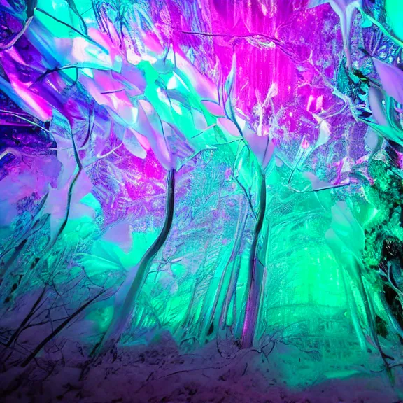 Prompt: crystal forest, neon glare, nacreous flare