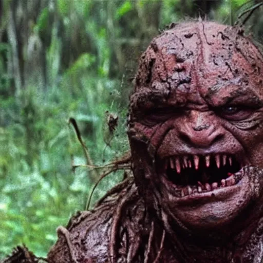 Prompt: cinematic still of danny devito, covered in mud and watching a predator in a swamp in 1 9 8 7 movie predator, hd, 4 k