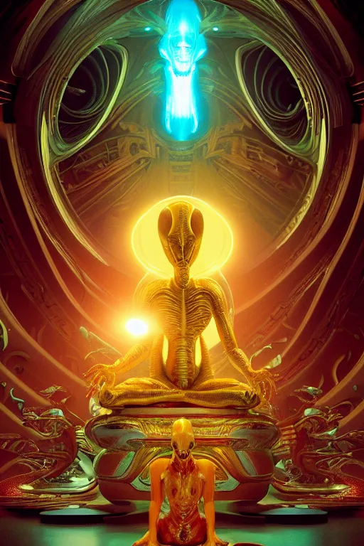 Image similar to cinematic masterpiece poster of glistening opalescent elegant queen empress xenomorph alien goddess meditating lotus position, inside ominous glowing alien temple shrine incubator. in the style of aliens, by denis villeneuve, weta workshop, james cameron, h. r. giger, beautiful octane render, extremely intricate, golden spiral composition, dramatic atmosphere, matte painting