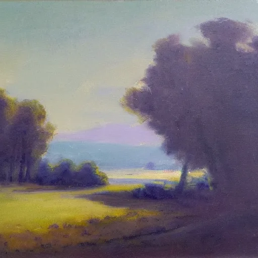 Prompt: Tonalist landscape, pastoral scene. Dioxazine purple and ultramarine blue