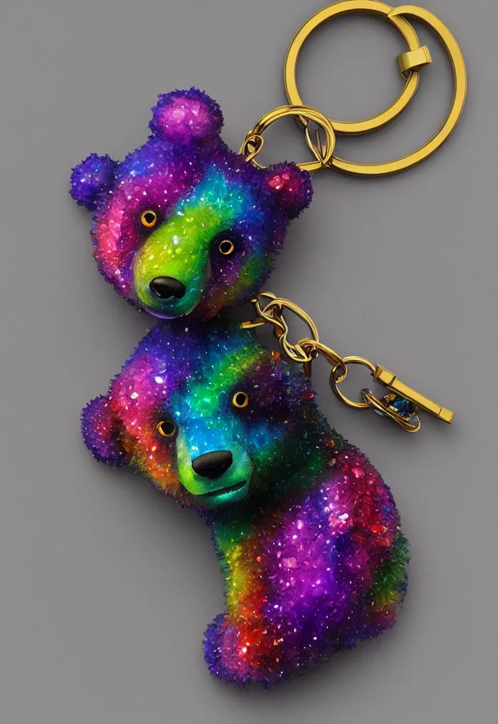 Image similar to a small colourful crystal bear keychain by greg rutkowski, sung choi, mitchell mohrhauser, maciej kuciara, johnson ting, maxim verehin, peter konig, 8 k photorealistic, cinematic lighting, hd, high details, dramatic, atmosphereric, trending on artstation