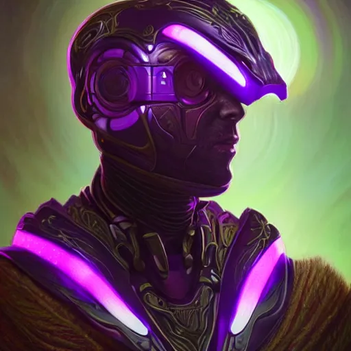 Image similar to Portrait of plant based man wearing futuristic armor with augmented reality headset, purple lighting, intricate, ominous, highly detailed, digital painting, artstation, smooth, sharp focus, illustration, art by artgerm and greg rutkowski and alphonse mucha and Wayne Barlowe and william-adolphe bouguereau