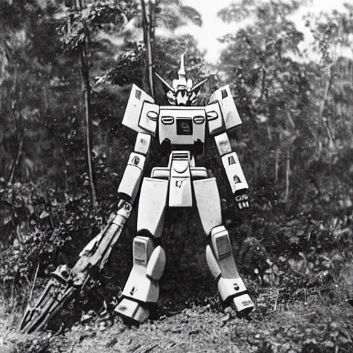 Image similar to a 1900s photo of a gundam found abandoned in a cambodian forest,