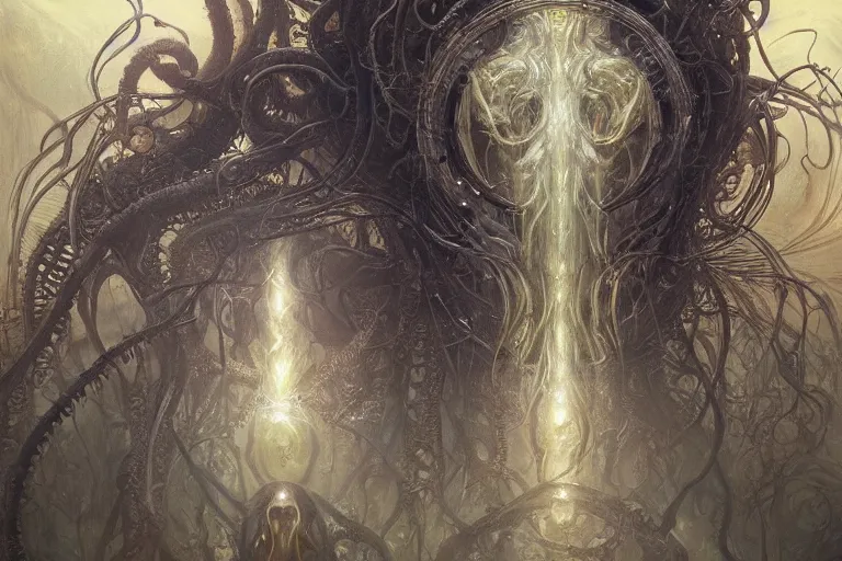 Image similar to a lovecraftian painting of cthulhu face of cosmic horror, cosmic horror elements, ultra realistic, concept art, intricate details, eerie, highly detailed, photorealistic, octane render, 8 k, unreal engine. art by artgerm and greg rutkowski and alphonse mucha