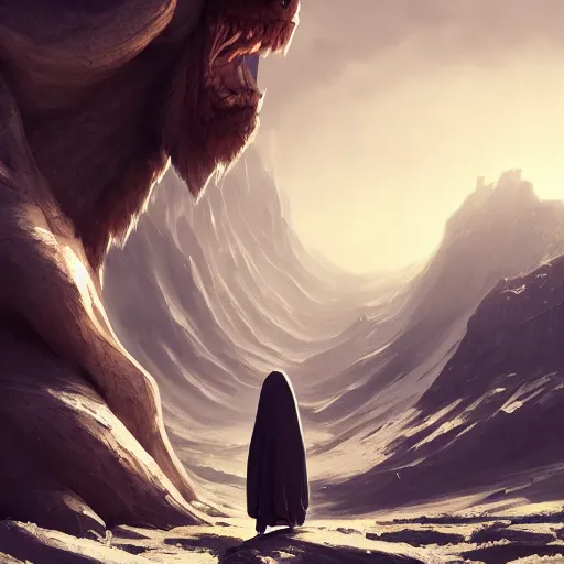 Prompt: concept art of a small hooded figure standing in a barren field looking at a colossal beast, by Jessica Rossier + Andreas Rocha, dark, epic, masterpiece