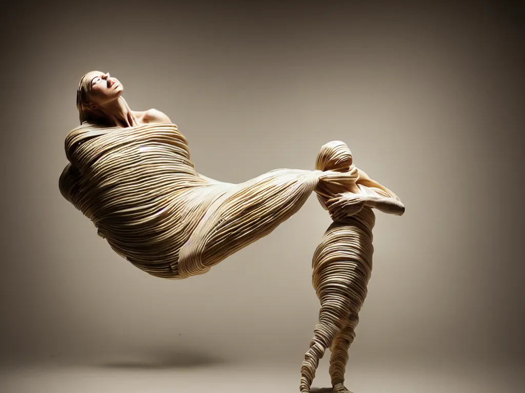 Image similar to a perfect photograph of a woman made of corrugated alabaster. she is floating, contorted and tied in a knot. she has three million legs. perfect focus, studio lighting, maglev chernobyl