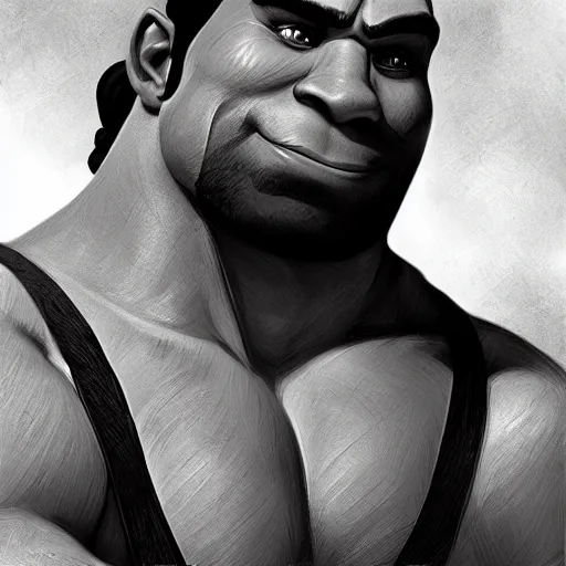 Prompt: black and white muscular shrek has beard, highly detailed, digital painting, artstation, concept art, smooth, sharp focus, illustration, art by artgerm and greg rutkowski and alphonse mucha