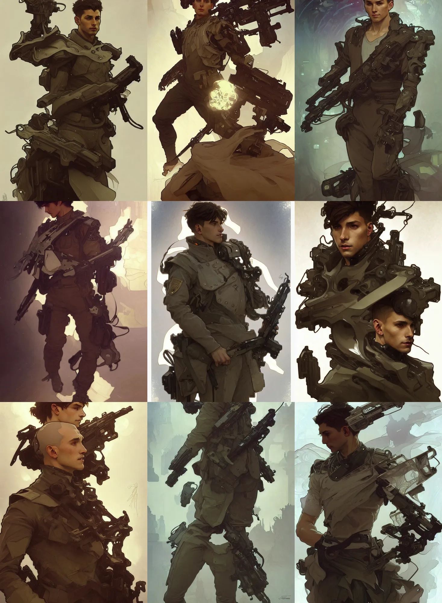 Image similar to a digital concept ar by artgerm and greg rutkowski and alphonse mucha. clear portrait of a lonely attractive men in uniform!! future military, hyper detailed, character concept, full body!! dynamic pose, glowing lights!! intricate, elegant, highly detailed, digital painting, artstation, concept art, smooth, sharp focus, illustration