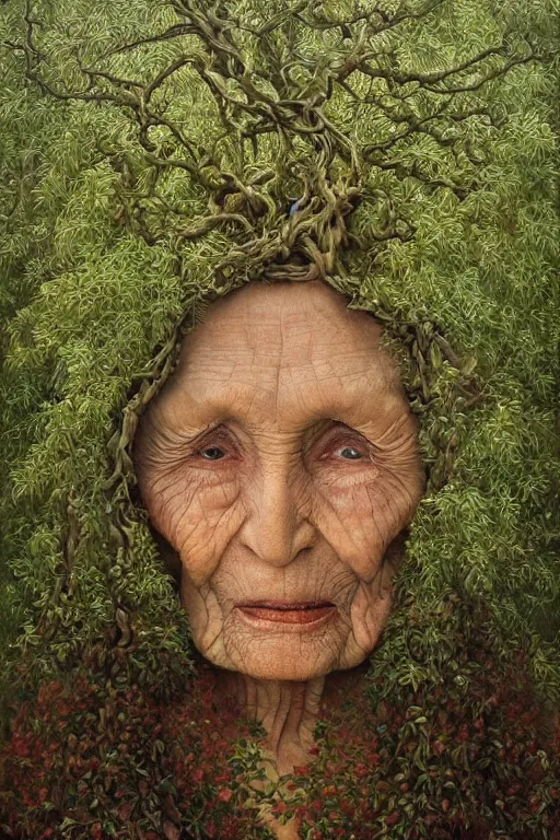 Image similar to intricate stunning highly detailed portrait of baba vanga, 🌱, by agostino arrivabene and vladimir kush, surreal, digital painting, ultra realistic, dramatic lighting, twisted vines, lush plants, pristine water, artstation