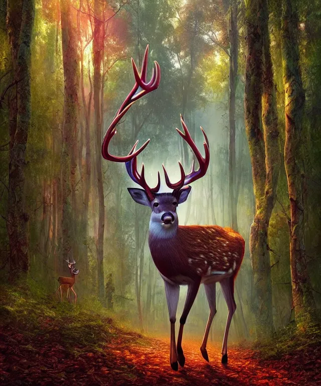 Prompt: a single realistic deer, walking through a psychedelic forest, wide angle landscape shot, pixar style by tristan eaton, artgerm and tom bagshaw