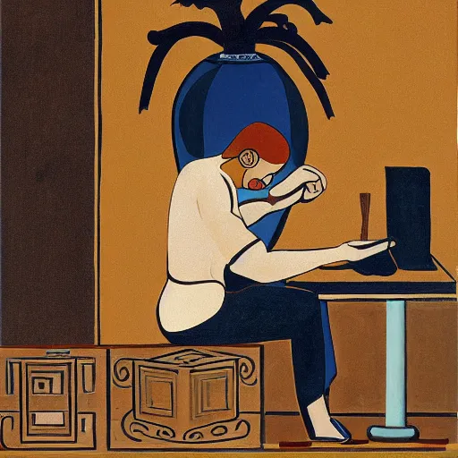 Image similar to greek vase painting of a man playing games on his computer with his backed hunched, 4 k, award winning photograph, highly detailed