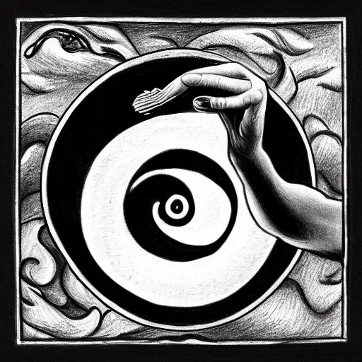 Prompt: a drawing of a woman giving birth to emercging yin - yang daoist symbol, black and white detailed pencil drawing dao