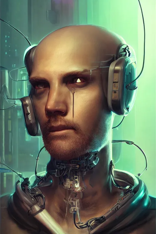 Prompt: a full body illustration of an male cyberpunk character wearing bionic implants, criminal mugshot, bald, bearded, highly detailed, oil on canvas, soft lighting, neon pastel colors, by WLOP and Greg Staples, HD, 4K