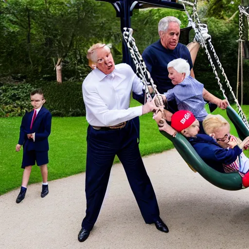 Image similar to Donald Trump pushing Jeffrey Epstein on a swing, playground full of happy children in the background, 4k