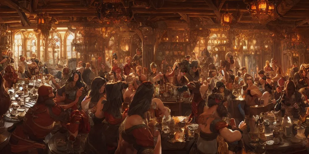 Image similar to a panorama of fantasy characters in a tavern, intricate, highly detailed, digital painting, artstation, smooth, sharp focus, illustration, 8 k, art by artgerm, greg rutkowski