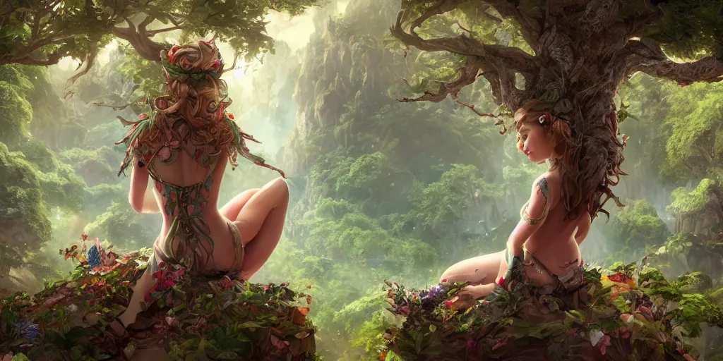 Image similar to alluring highly-res photo an attractive young elf woman sitting on top of giant tree in her tree city, point of view from her back, clothed in a chesty fantasy outfit, intricate, elegant, highly detailed, digital painting, trending on Artstation, concept art, smooth, sharp focus, colorful, illustration, in the style of artgerm and greg rutkowski and alphonse mucha