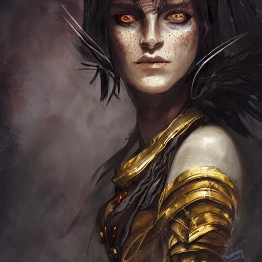 Prompt: magic the gathering character art by bastien lecouffe deharme of a eldritch native american warrior female, with freckles and black spidery hair, wearing black armor with gold lining and a cloak made out of billowing shadows and black feathers, black halo shining over her head, 8 k dop dof