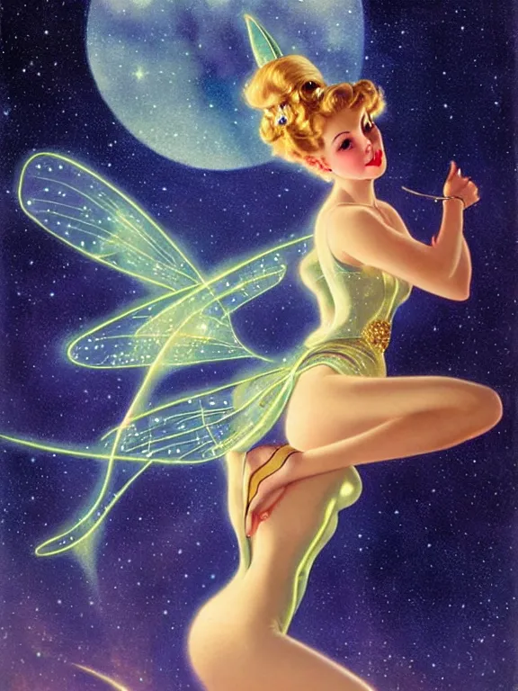 Image similar to Diana argon as tinkerbell glowing, a beautiful art nouveau portrait by Gil elvgren and Hajime Sorayama, moonlit starry sky environment, centered composition, defined features, golden ratio, gold jewlery, sheer silk