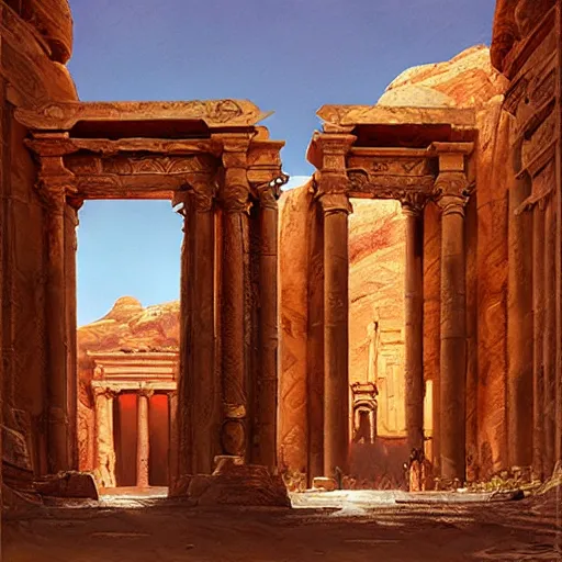 Prompt: a temple looks like petra, two giant sculpture knight protecting the gate, desert oil painting by marc simonetti