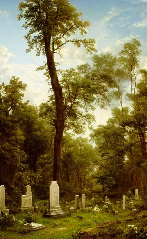 Image similar to artwork painting of a lush environment, a cemetery headstone by eugene von guerard, ivan shishkin