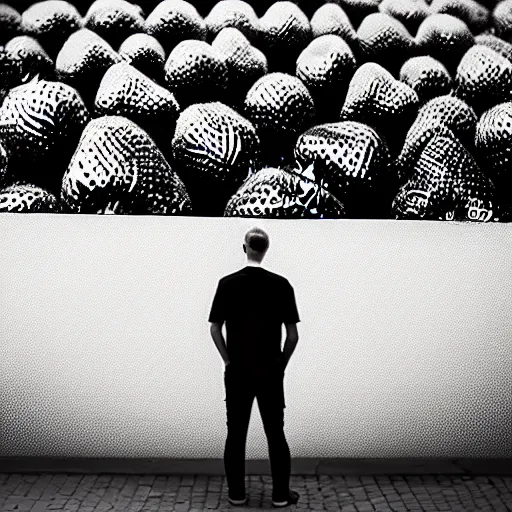 Prompt: man standing proudly next to a huge strawberry, photograph, vintage, black and white, detailed, realistic