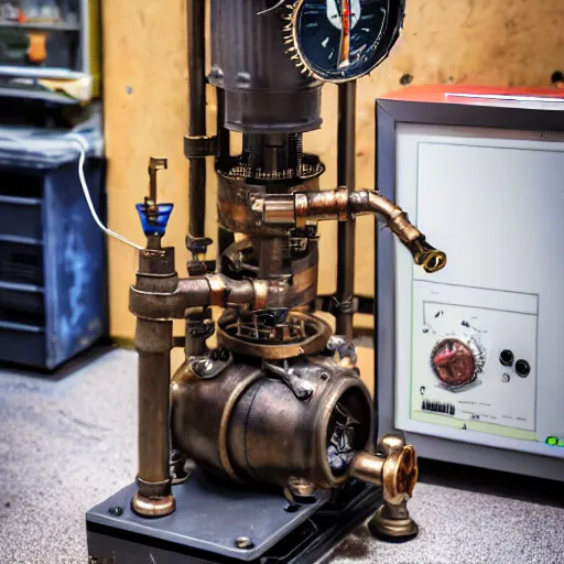 Image similar to A random pointless contraption ((steampunk)) industrial appliance pneumatic machine with no apparent purpose, being operated by a scholarly looking man with a clear directed gaze, XF IQ4, f/1.4, ISO 200, 1/160s, 8K, RAW, unedited, symmetrical balance, in-frame