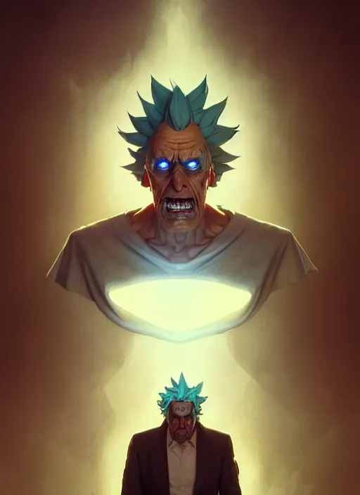 Image similar to rick sanchez by greg rutkowski, symmetry, concept art by artgerm, distance portrait of a hyper realistic, intense, epic, alphonse mucha, octane render, highly detailed, high quality, 8 k, soft lighting, path traced, and uang guangjian and gil elvgren, symmetry!!