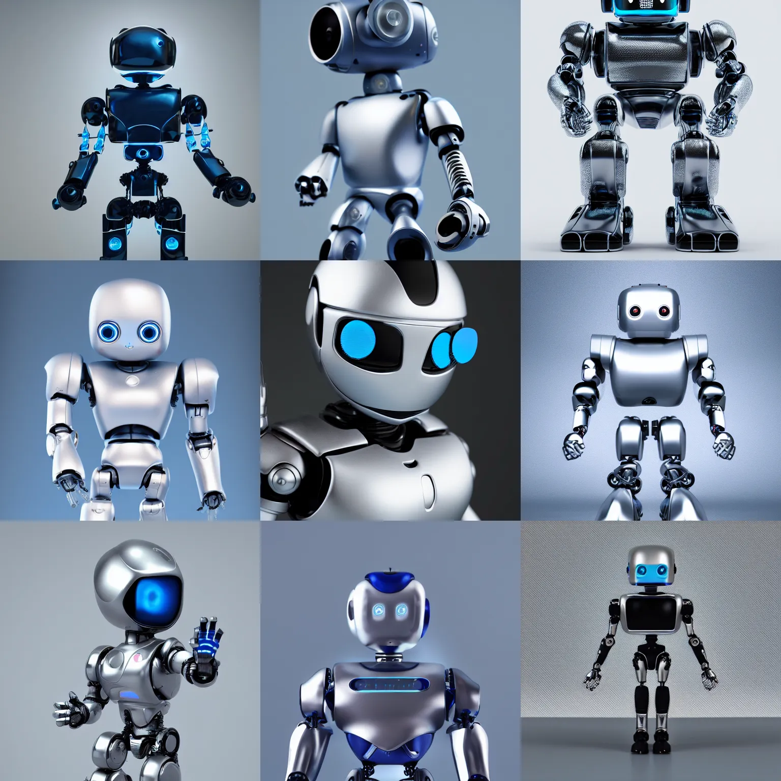 Prompt: ( toy robot ) designed by apple, high detail, studio photo, white backdrop, studio light, solid works, octane render, macro shot, in focus, dept of field, silver, blue, black design