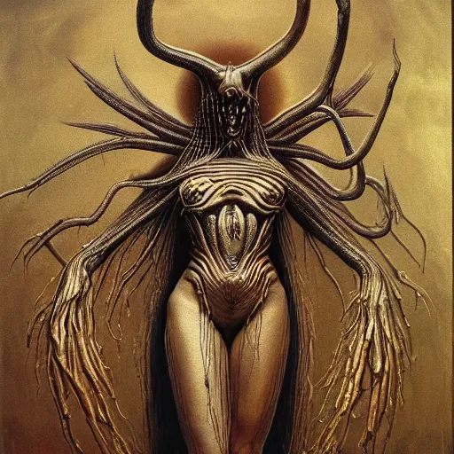 Image similar to the queen of the sun in the style of zdzisław beksiński and h.r. giger, oil on canvas, full body, open wide chest, intricately detailed artwork, full 8k high quality resolution, recently just found unknown masterpiece, renaissance painting, photorealism, 8k high detail, Sigma 85 mm f 1.4, Studio Light, Studio Ghibli, jacek yerka, alex gray, zdzisław beksiński, dariusz zawadzki, jeffrey smith and h.r. giger, oil on canvas, 8k highly professionally detailed, trending on artstation, her hair is thick and smooth, she is beautiful showing her true form