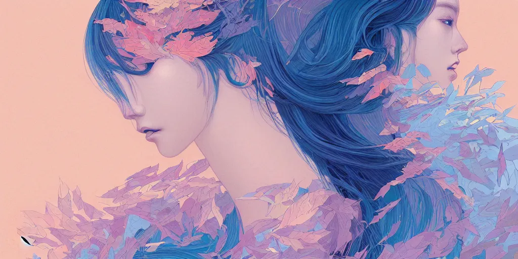 Image similar to breathtaking detailed concept art painting pattern with gradient pastel colors of blue hair faces goddesses amalgamation autumn leaves, by hsiao - ron cheng and james jean, bizarre compositions, exquisite detail, 8 k