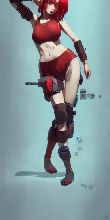 Image similar to concept art of young cute cyborg woman with red bob cut with curvaceous body wearing shorts and bikini illustration illustration concept art by wlop and greg rutkowski and studio ghibli and kyoto animation