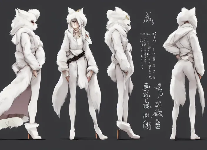 Image similar to character sheet for a beautiful and cute girl with a long white fur coat for genshin impact by greg rutkowski, black to light white fade hair, genshin impact style, ghibli, fashion design, overwatch style, sorcerer magic witch, digital art, trending on artstation, hd, 8 k, highly detailed, good lighting, beautiful, masterpiece