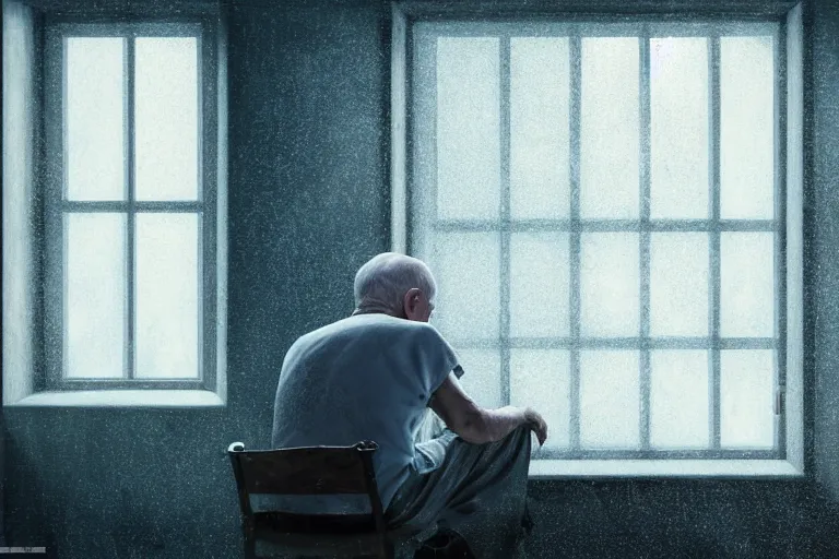 Prompt: a cinematic painting of an old male prisoner inside of jail cell looking out of a small frosted window, beautiful lighting, high depth, ultra realistic, artistic, by gregory crewdson, blue color theme