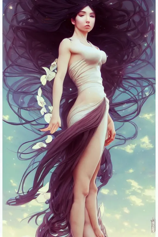 Image similar to full body windy hair zero gravity seductive meditation goddess in the style of artgerm, wlop, greg rutkowski, alphonse mucha and ayami kojima, realistic details, volumetric lighting, very very very very beautiful symmetrical face, trending on artstation, artstationhd, artstationhq, unreal engine, 4 k, 8 k