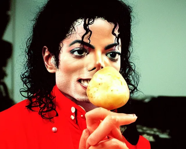 Prompt: photo still of michael jackson eating a potato on a computer, 8 k, live concert lighting, mid shot