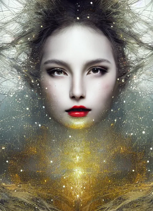 Prompt: glowing silver and golden elements, full close-up portrait, young female model from shutterstock as a dark witch, book cover, green forest, white moon, red lips, establishing shot, extremly high detail, photo-realistic, cinematic lighting, pen and ink, intricate line drawings, by Yoshitaka Amano, Ruan Jia, Kentaro Miura, Artgerm, post processed, concept art, artstation, matte painting, style by eddie, raphael lacoste, alex ross